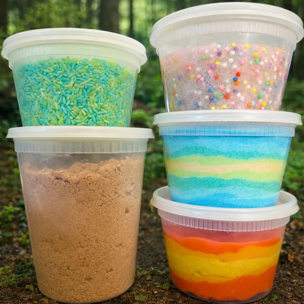Tubs of sensory play materials including dyed rice, play sand, foam beads, and colorful dough for children