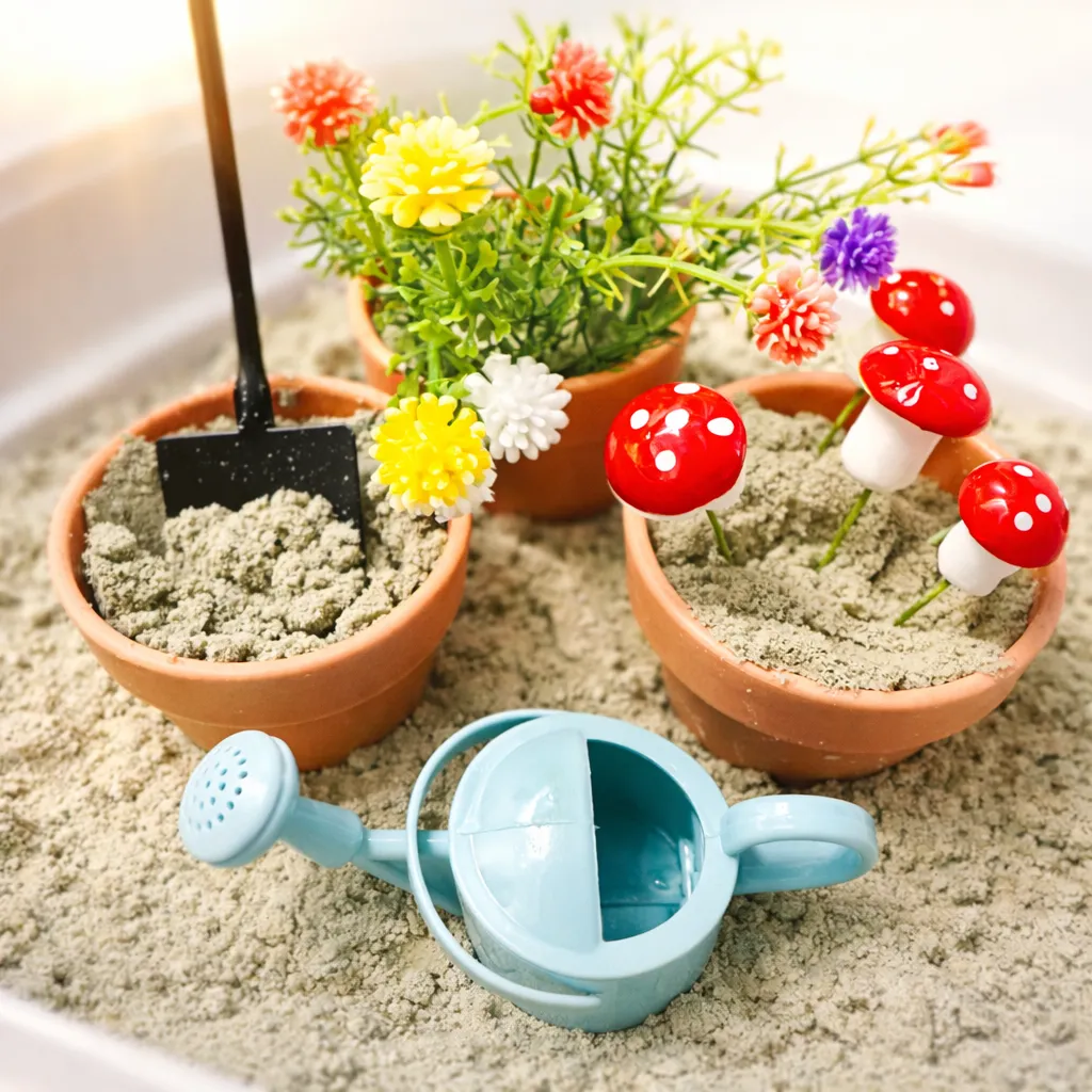Sensory garden play activity kit with small pots, toy flowers, and play materials